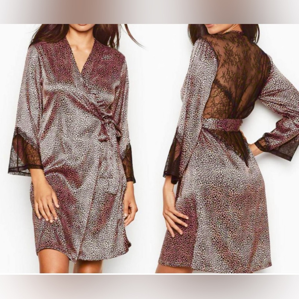 Victoria's Secret‎ Animal Cheetah Print/Pink  Black Lace Kimono Robe Size M/L